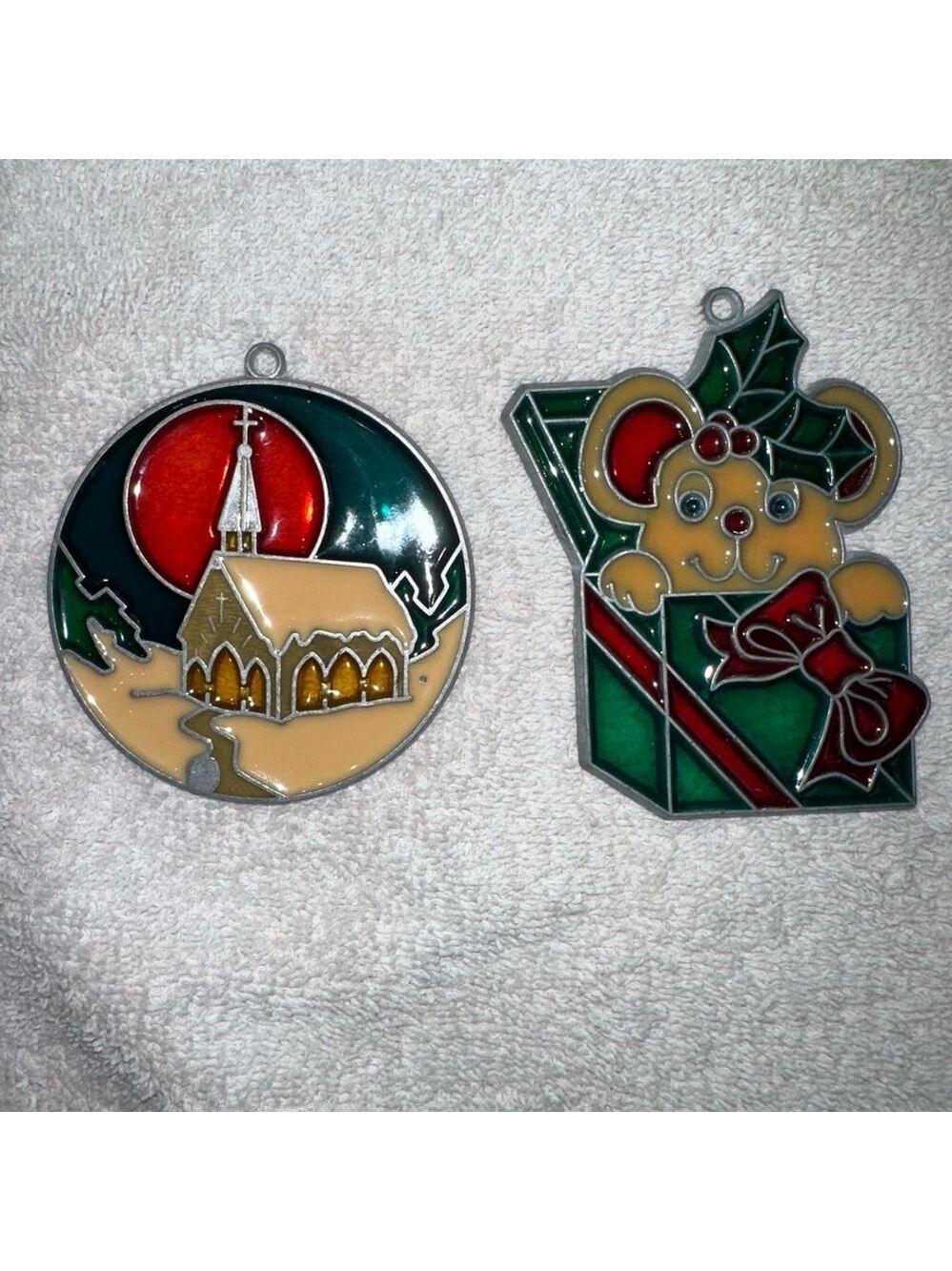 Vintage Suncatcher Stained Glass Metal Ornament Set Church Scene Mouse Gift Box